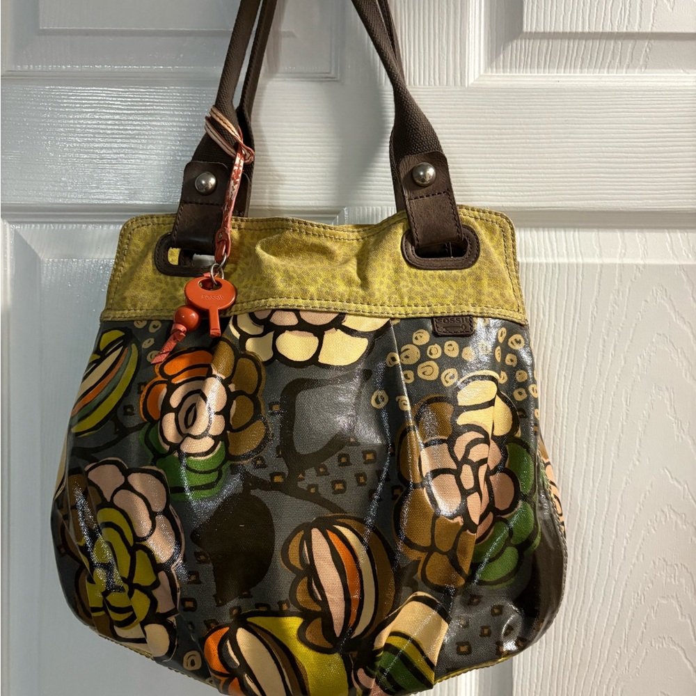 Chic Floral Shoulder Bag - Yellow and Brown 3 piece Key-Per Fossil Set Like New